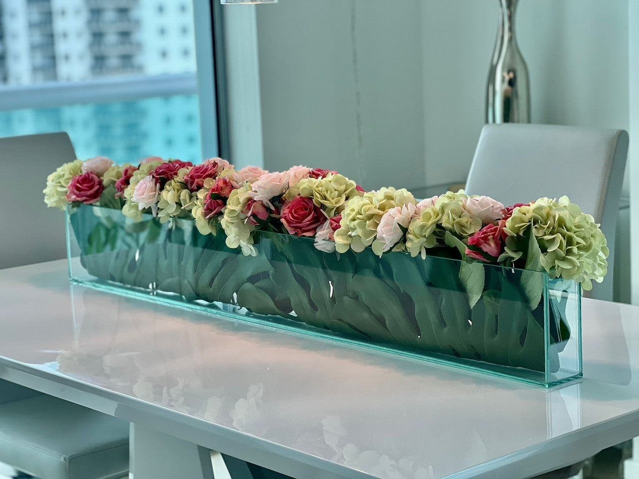 122 Cm Skinny Casa Moderna Vase avec Hortensias et Roses