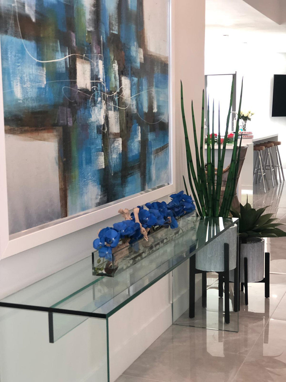 122 Cm Casa Moderna Pot Plateau en Verre avec Bleu Orchidées