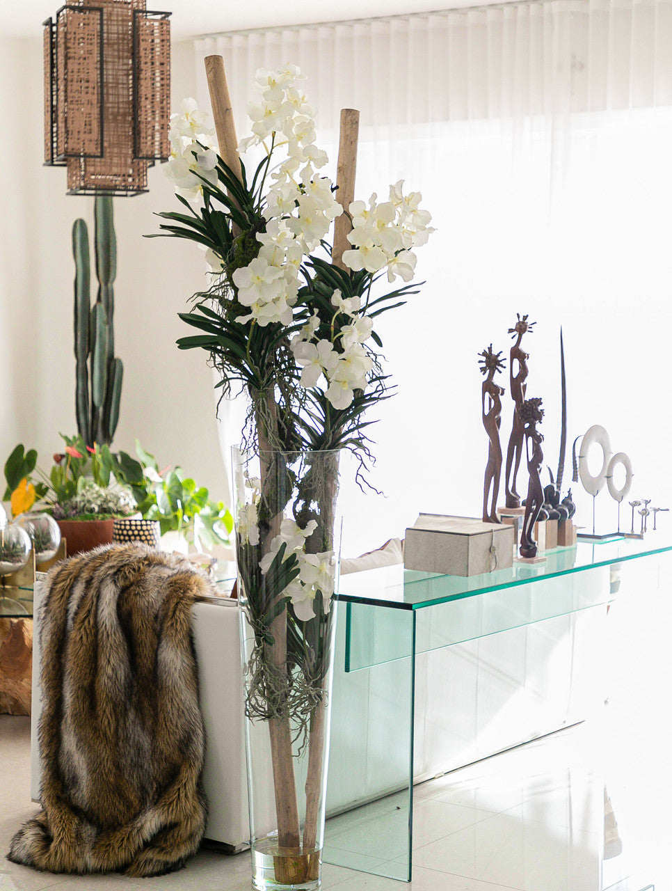 Blanc Orchidées Vanda et Bois Flotté dans Xxl Cylindre Verre Évasé