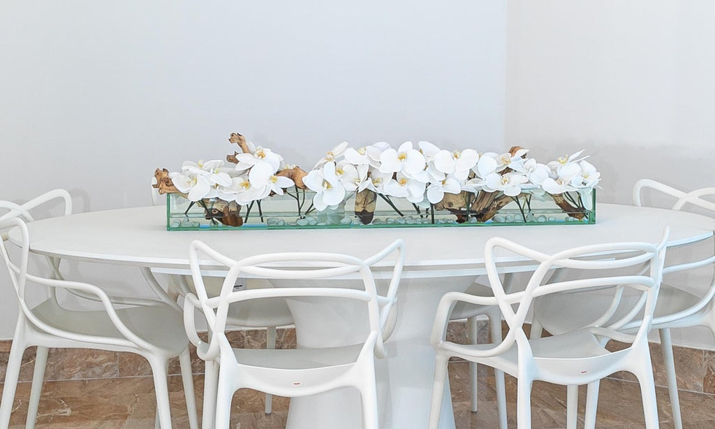 122 Cm Casa Moderna Pot Plateau en Verre avec Blanc Orchidées