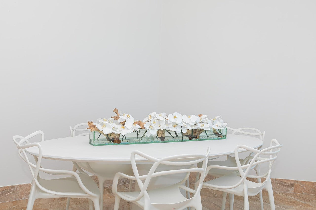 122 Cm Casa Moderna Pot Plateau en Verre avec Blanc Orchidées
