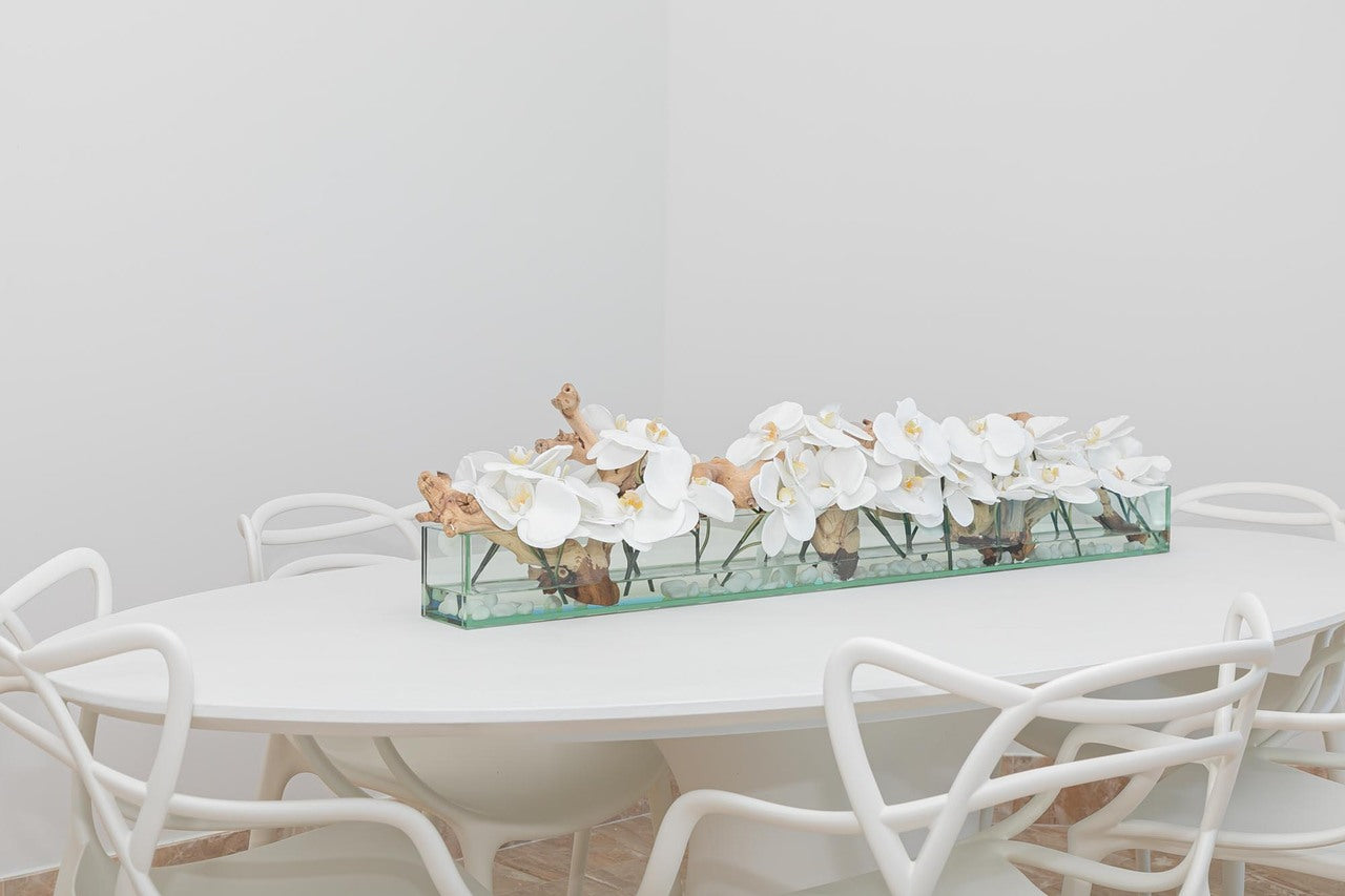 122 Cm Casa Moderna Pot Plateau en Verre avec Blanc Orchidées