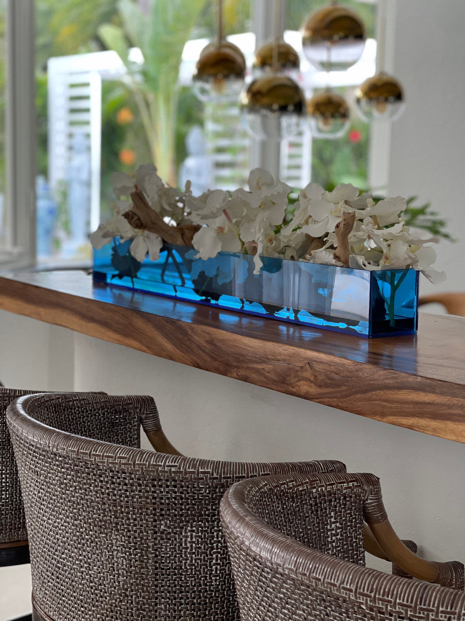 91 Cm Casa Moderna Bleu Acrylic Pot avec Orchidées Vanda et Bois Flotté