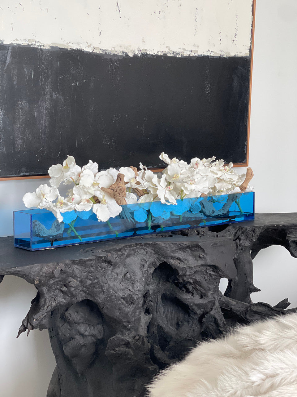 91 Cm Casa Moderna Bleu Acrylic Pot avec Orchidées Vanda et Bois Flotté