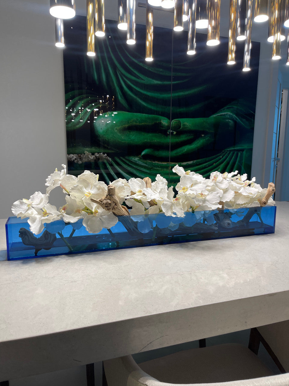 91 Cm Casa Moderna Bleu Acrylic Pot avec Orchidées Vanda et Bois Flotté