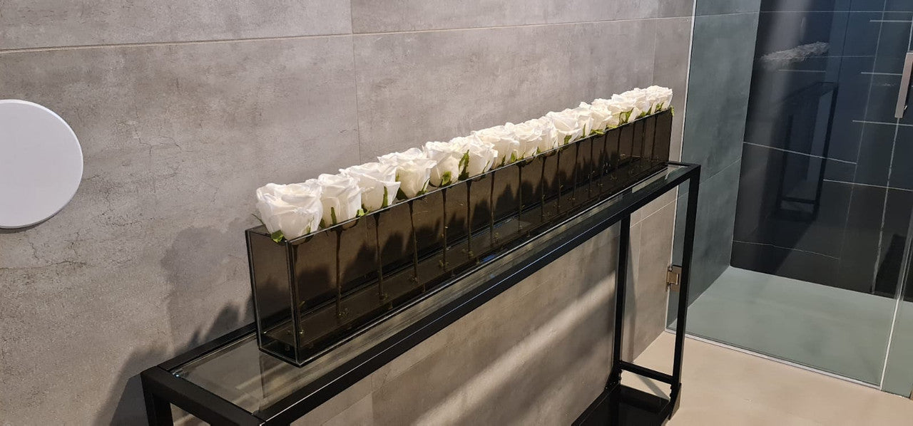 122 Cm Skinny Casa Moderna avec Blanc Roses sur Smoked Glass