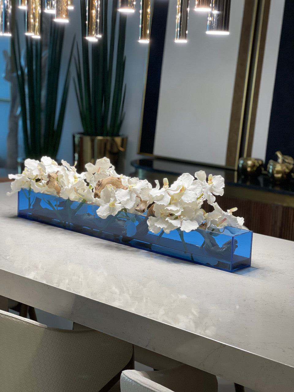 91 Cm Casa Moderna Bleu Acrylic Pot avec Orchidées Vanda et Bois Flotté