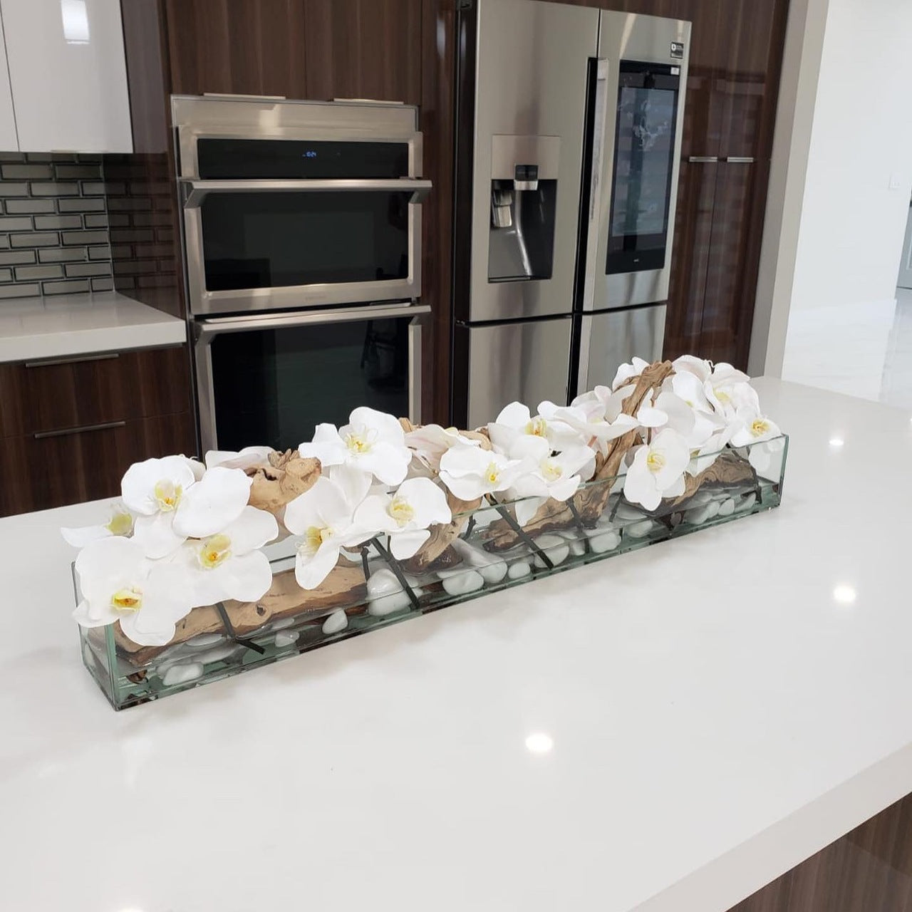 91 Cm Casa Moderna Pot Plateau en Verre avec Blanc Orchidées Phalaenopsis