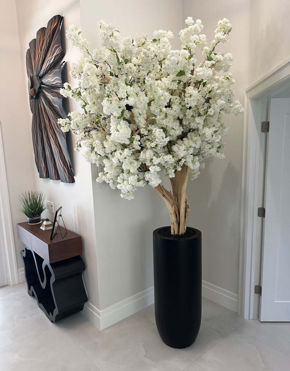 Noir Mat St. Tropez Pot avec Personnalisé Made Blanc Fleurs de Cerisier Arbre
