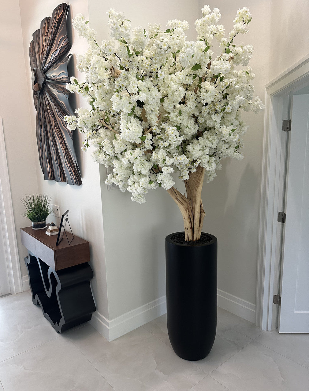 Noir Mat St. Tropez Pot avec Personnalisé Made Blanc Fleurs de Cerisier Arbre
