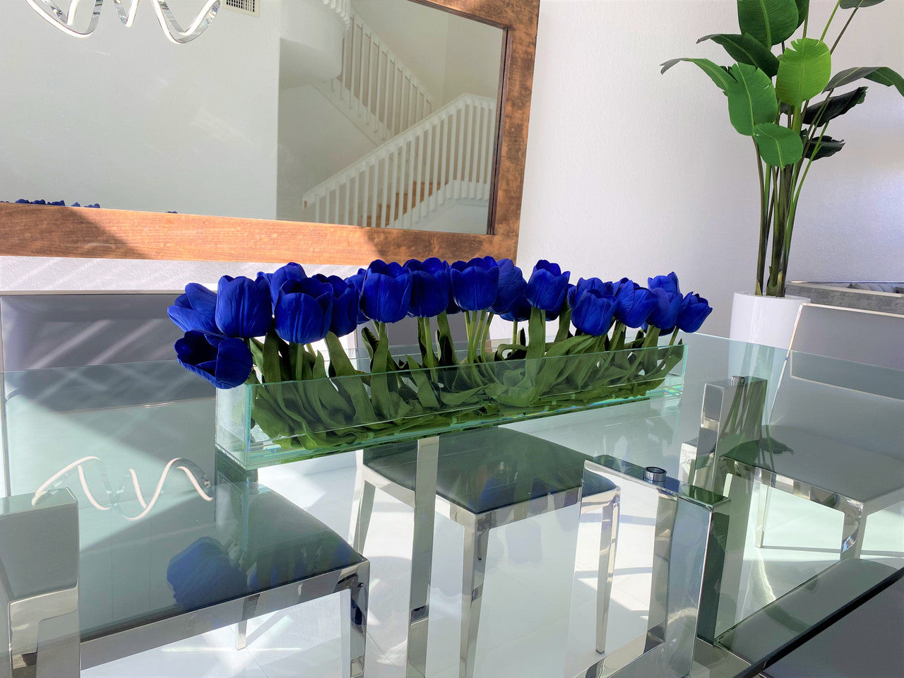 91 Cm Casa Moderna Pot Plateau en Verre avec Bleu Tulipes