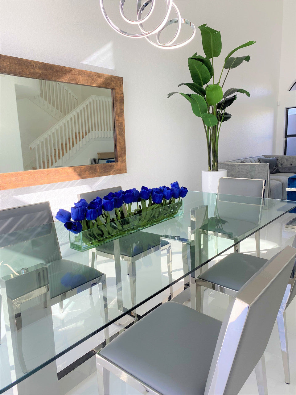 91 Cm Casa Moderna Pot Plateau en Verre avec Bleu Tulipes