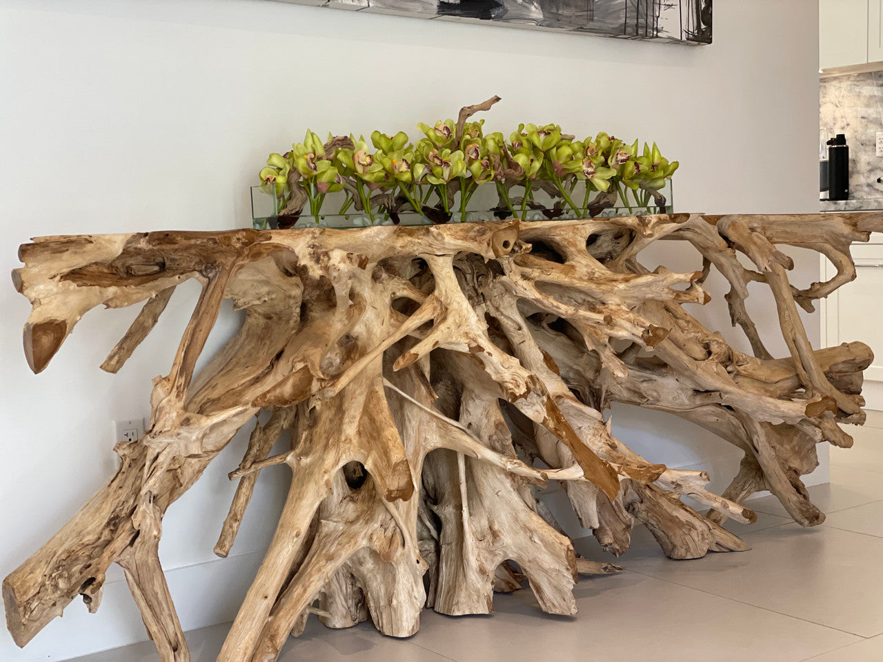 122 Cm Casa Moderna Pot Plateau en Verre avec Vert Orchidées Cymbidium