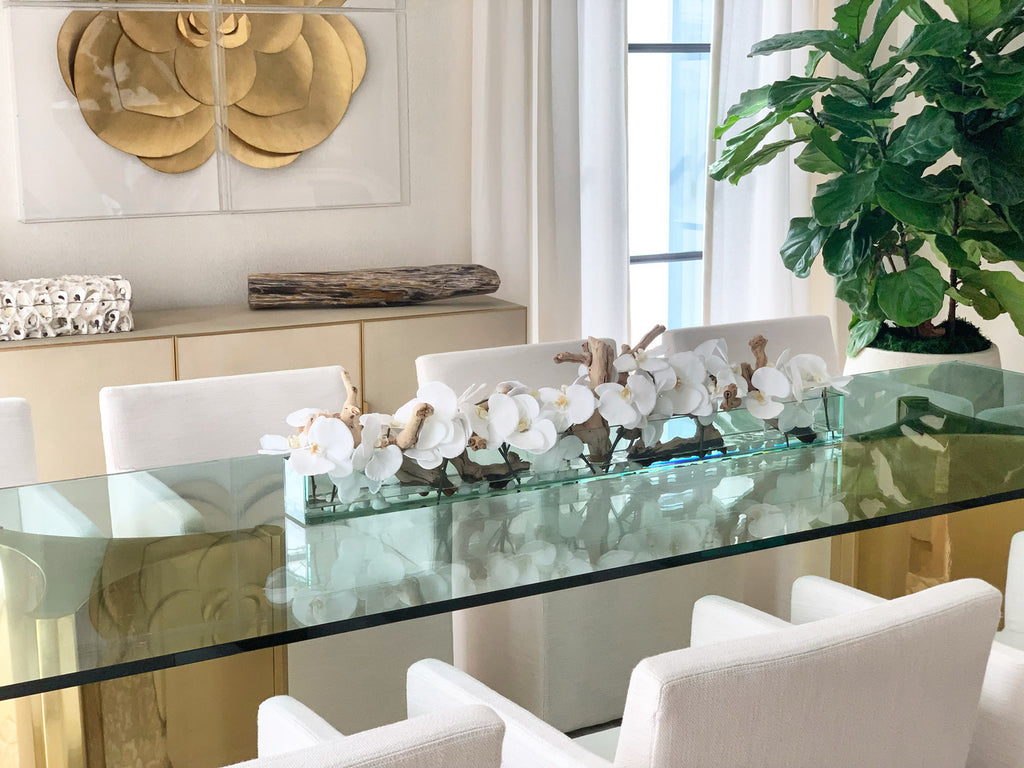 122 Cm Casa Moderna Pot Plateau en Verre avec Blanc Orchidées
