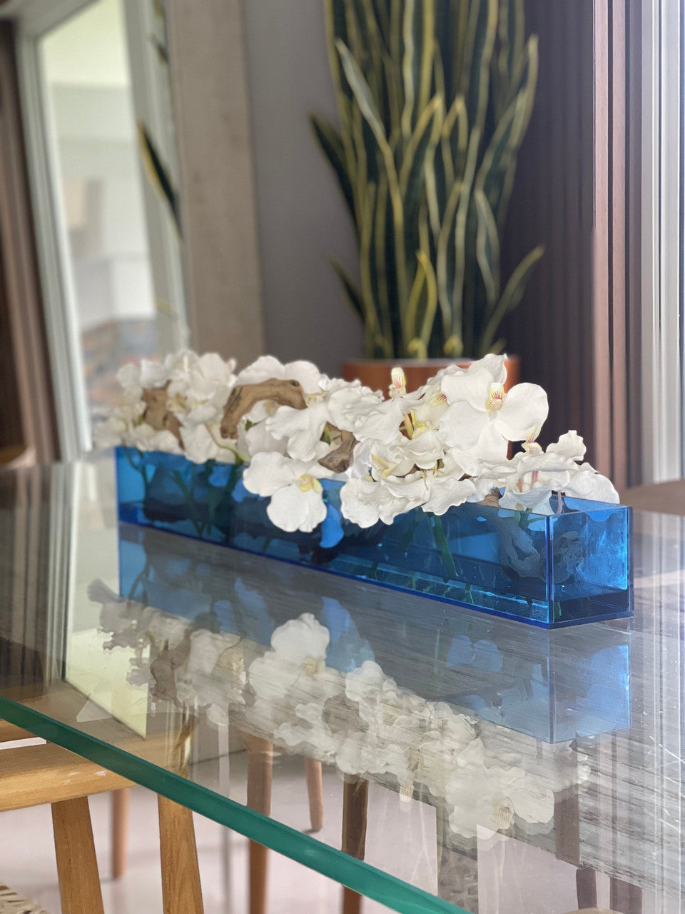 91 Cm Casa Moderna Bleu Acrylic Pot avec Orchidées Vanda et Bois Flotté