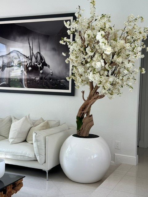 Blanc Brillant Globe avec Personnalisé Made Fleurs de Cerisier Arbre