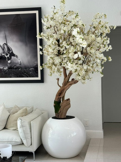 Blanc Brillant Globe avec Personnalisé Made Fleurs de Cerisier Arbre