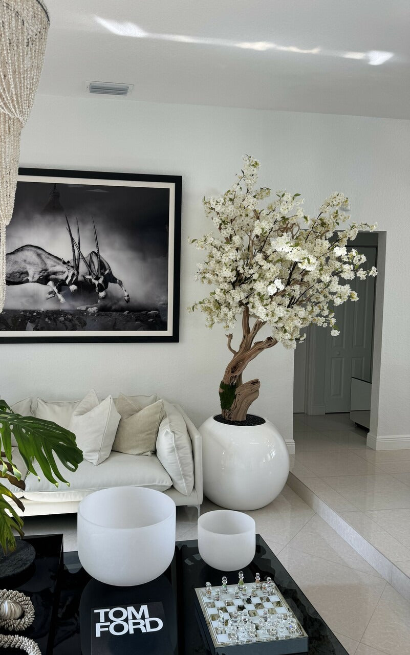 Blanc Brillant Globe avec Personnalisé Made Fleurs de Cerisier Arbre