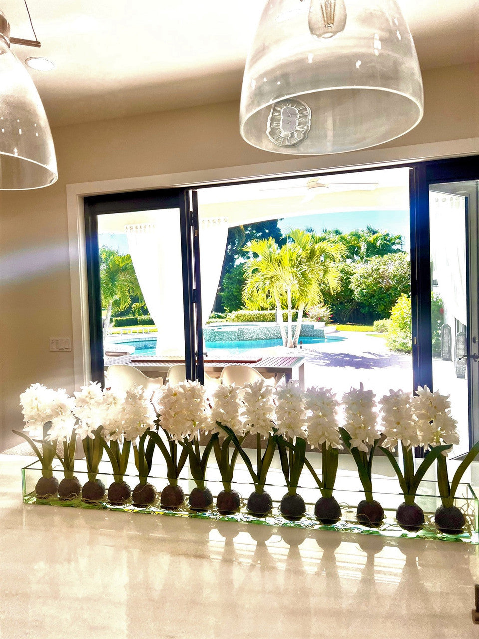 122 Cm Casa Moderna Pot Plateau en Verre avec Blanc Jacinthes