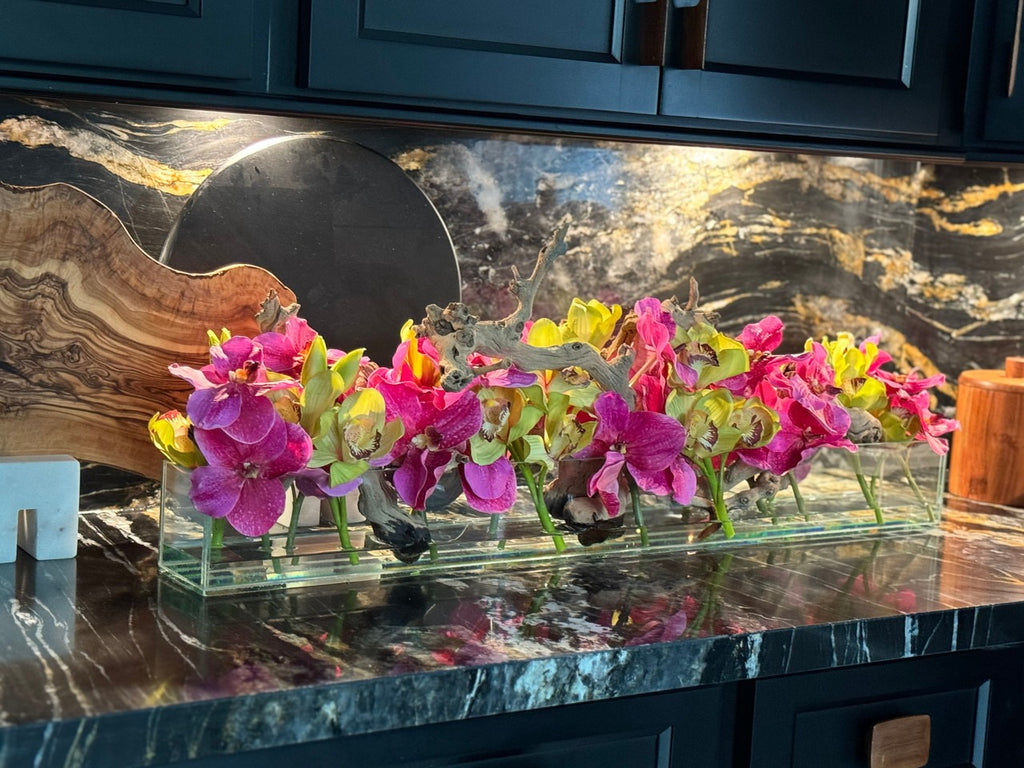 Casa Moderna Glass Pot avec Rose Vandas et Vert Cymbidiums