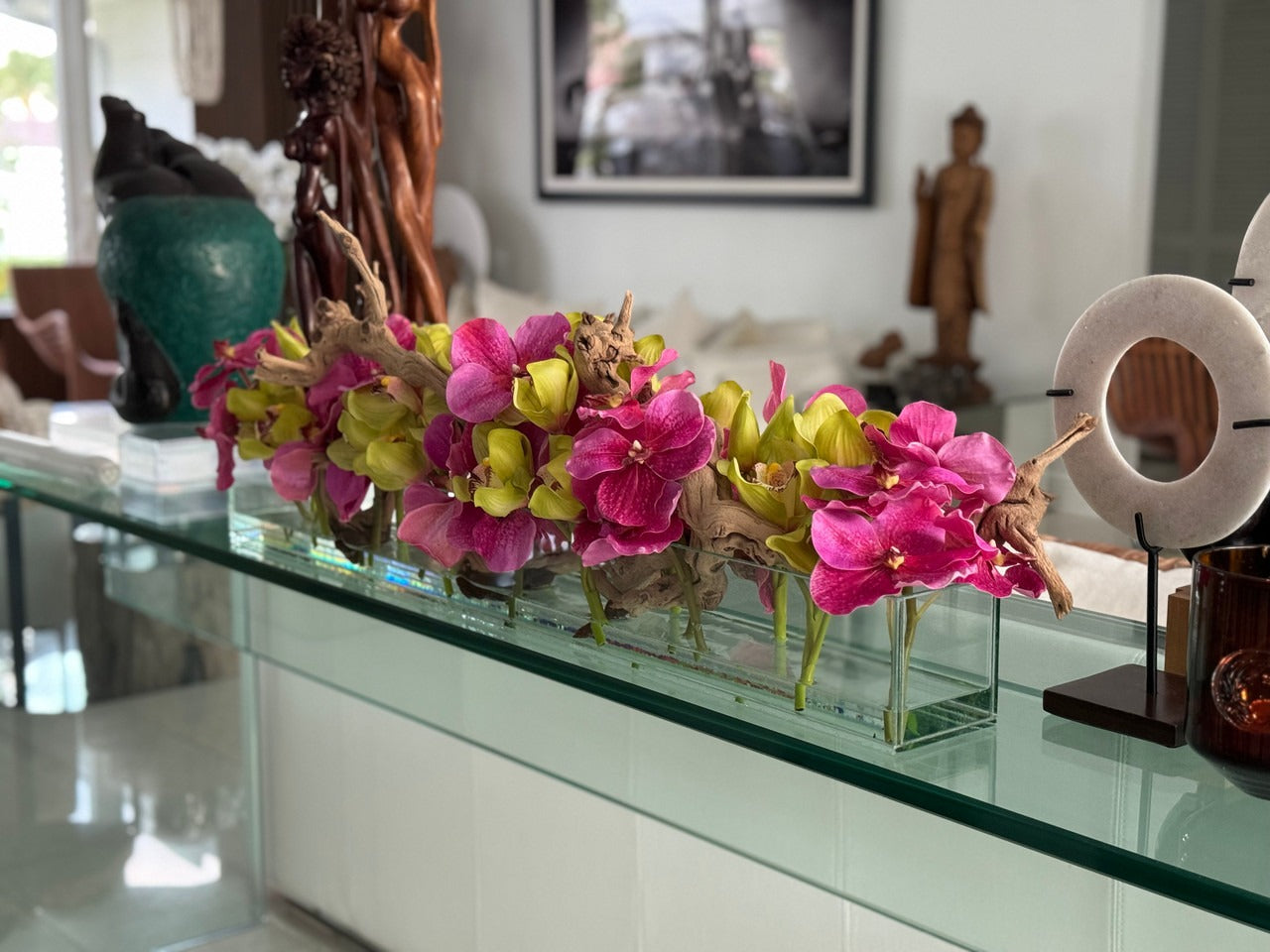Casa Moderna Glass Pot avec Rose Vandas et Vert Cymbidiums