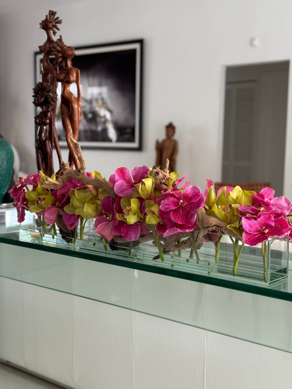 Casa Moderna Glass Pot avec Rose Vandas et Vert Cymbidiums