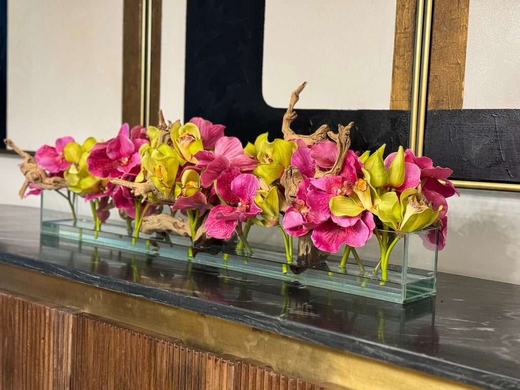 Casa Moderna Glass Pot avec Rose Vandas et Vert Cymbidiums