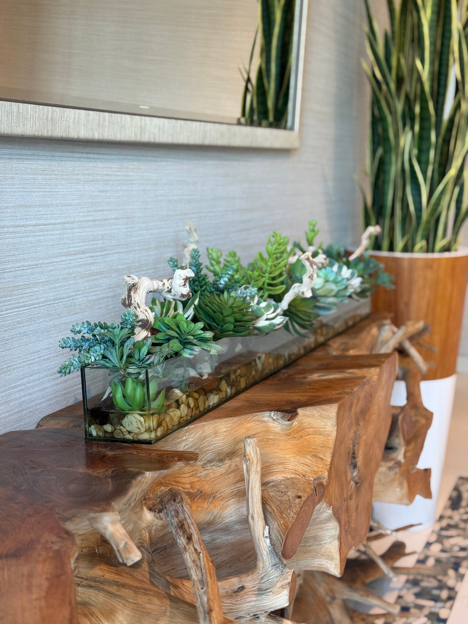 122 Cm Casa Moderna Rectangular Glass Pot avec Succulentes et Bois Flotté