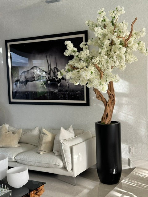 Noir Mat St. Tropez Pot avec Personnalisé Made Blanc Fleurs de Cerisier Arbre