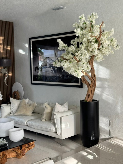 Noir Mat St. Tropez Pot avec Personnalisé Made Blanc Fleurs de Cerisier Arbre