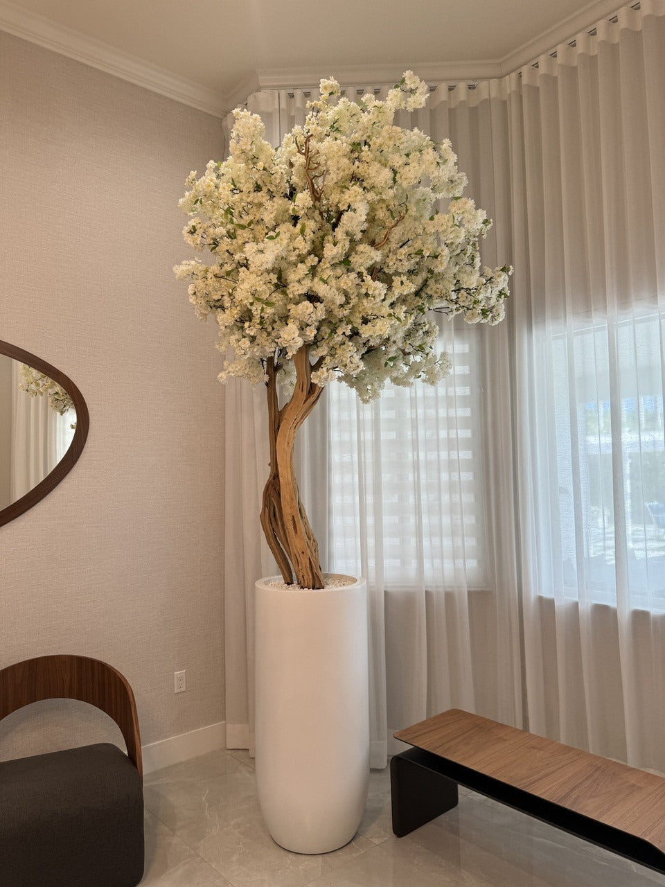 Mat Beige St. Tropez Pot avec Personnalisé Made Blanc Fleurs de Cerisier Arbre