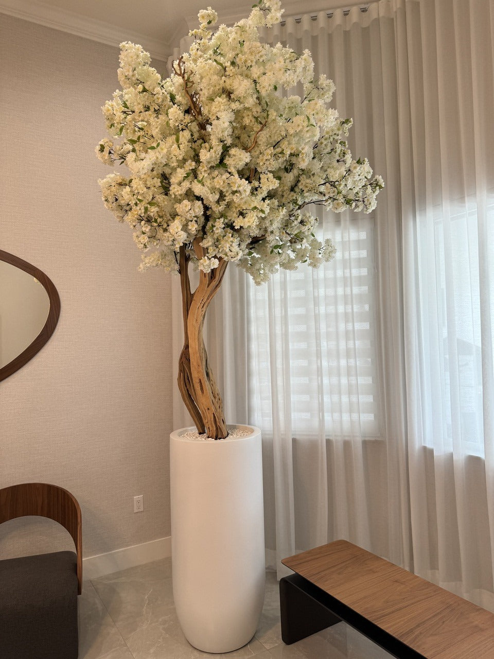 Mat Beige St. Tropez Pot avec Personnalisé Made Blanc Fleurs de Cerisier Arbre
