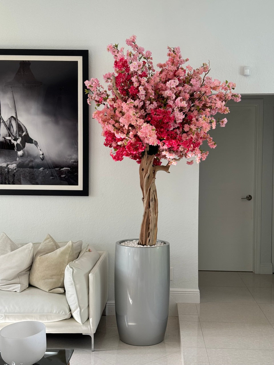 Brillant Argenté Lisbon Pot avec Personnalisé Made Tri Color Rose Fleurs de Cerisier Arbre
