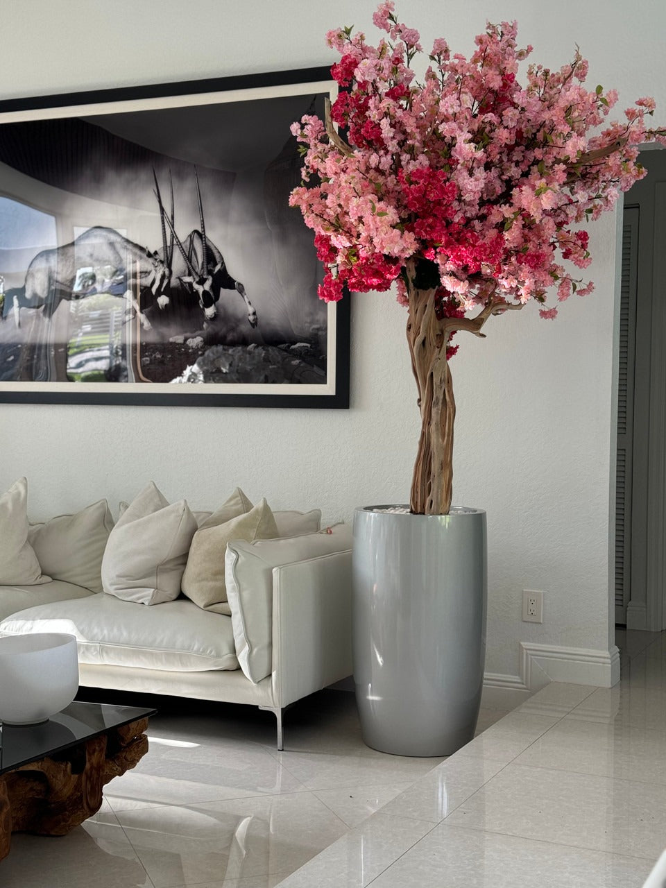Brillant Argenté Lisbon Pot avec Personnalisé Made Tri Color Rose Fleurs de Cerisier Arbre