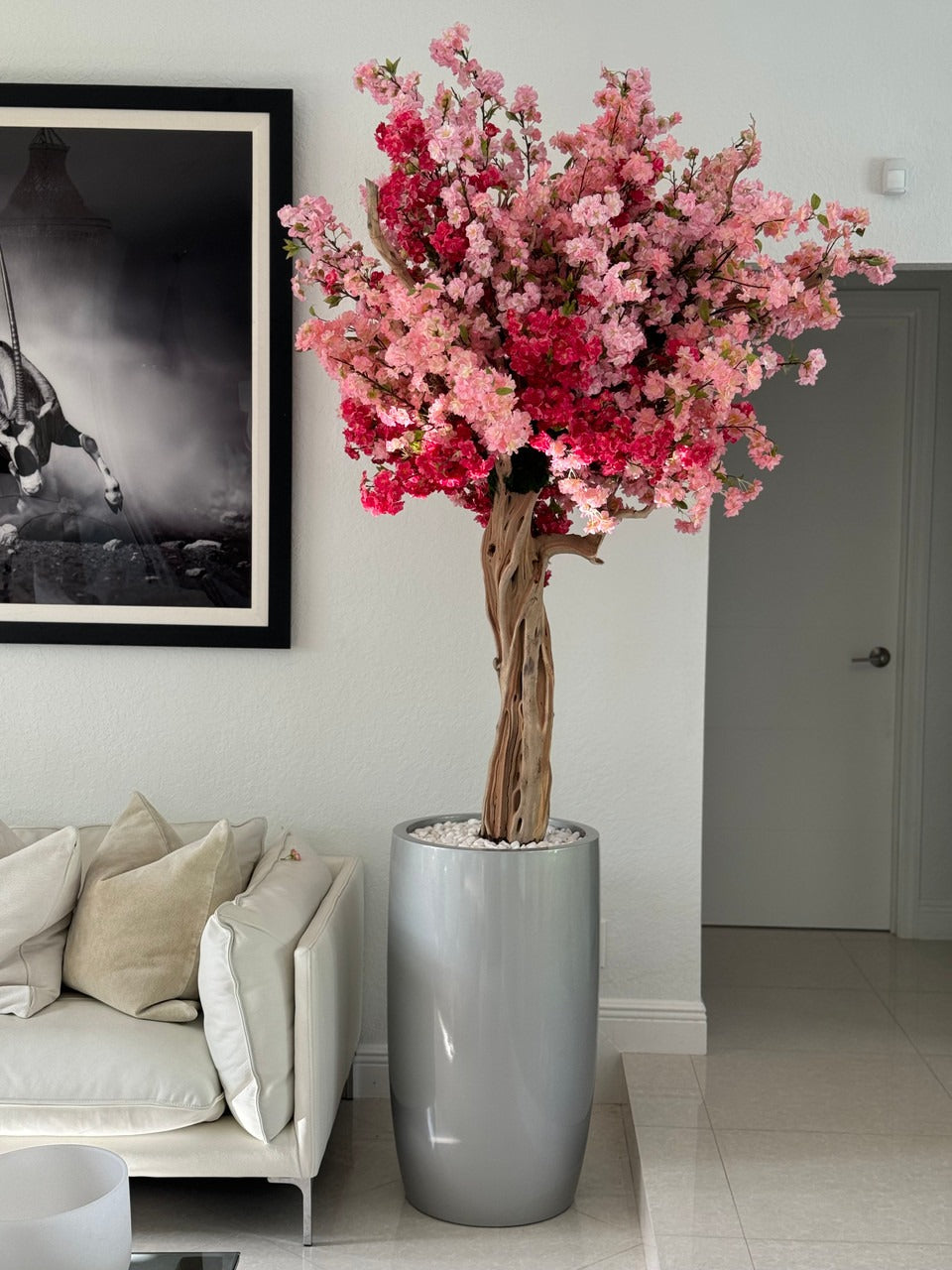Brillant Argenté Lisbon Pot avec Personnalisé Made Tri Color Rose Fleurs de Cerisier Arbre