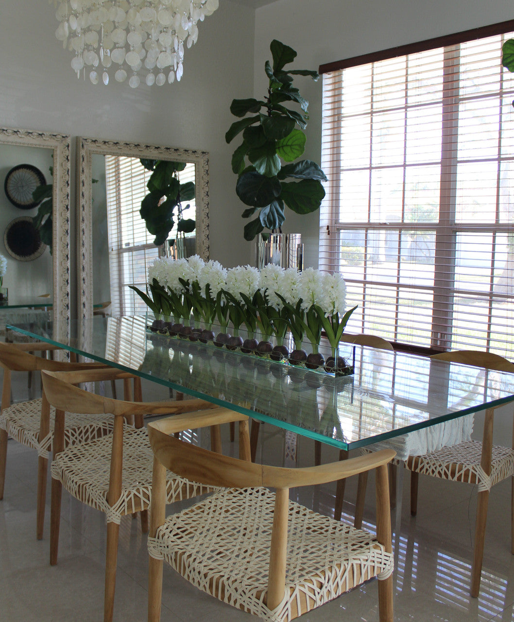 122 Cm Casa Moderna Pot Plateau en Verre avec Blanc Jacinthes