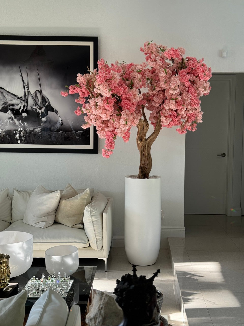 Blanc Mat St. Tropez Pot avec Personnalisé Made Rose Fleurs de Cerisier Arbre