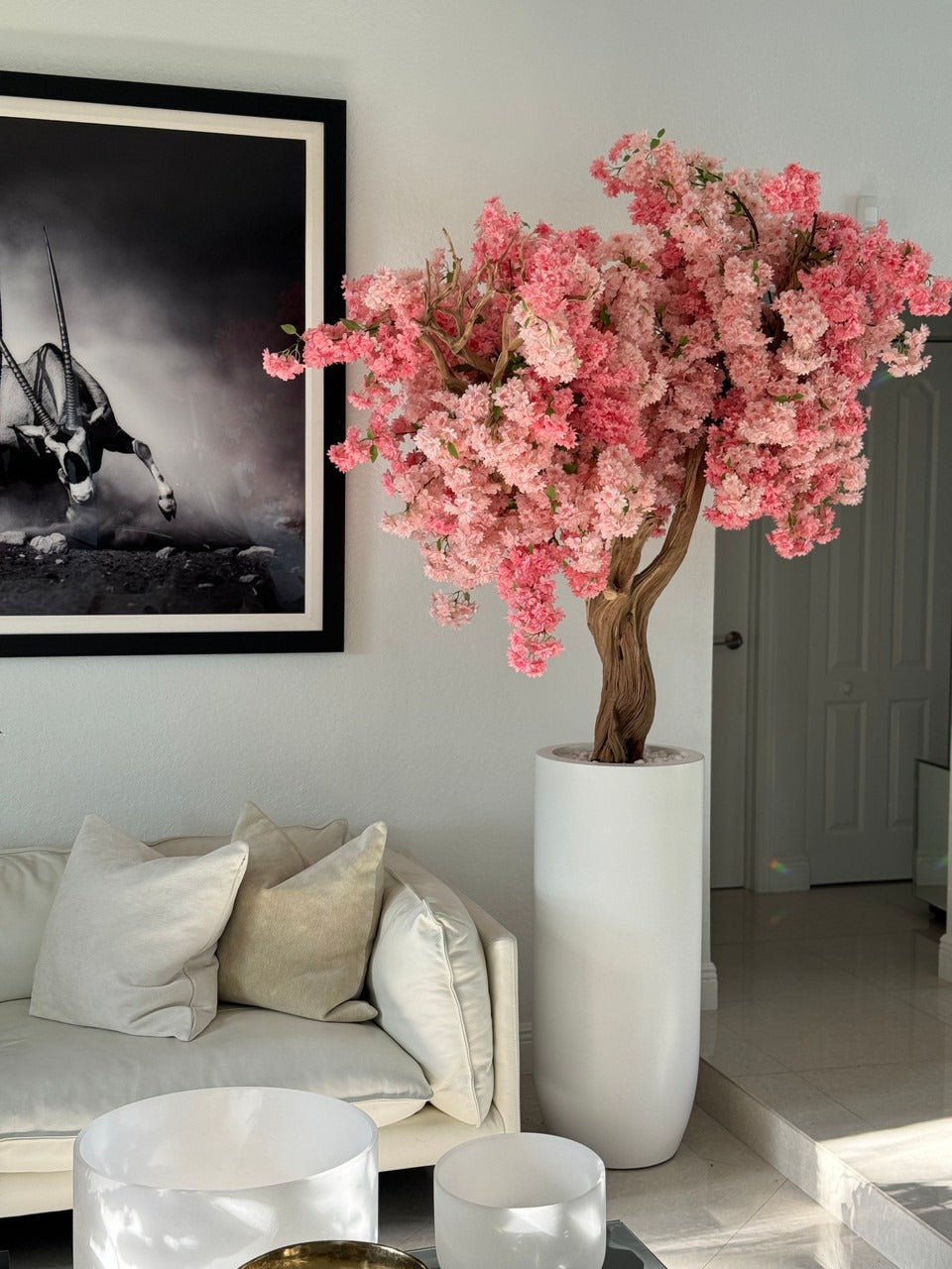 Blanc Mat St. Tropez Pot avec Personnalisé Made Rose Fleurs de Cerisier Arbre