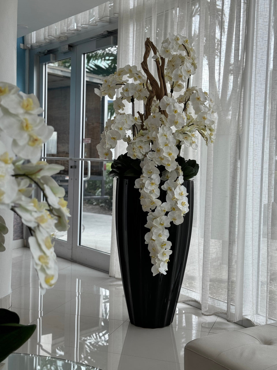 San Jose Pot en Noir Brillant avec Cascading Blanc Orchidées