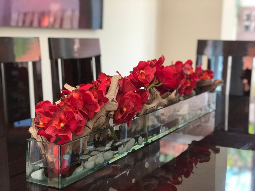 122 Cm Casa Moderna Pot Plateau en Verre avec Rouge Cymbidiums