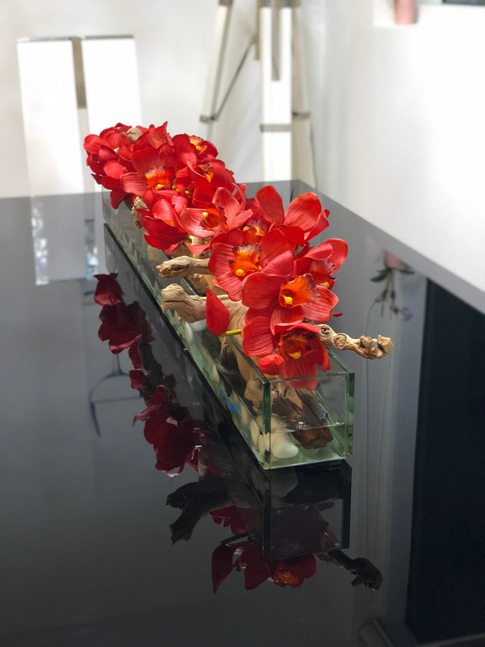 122 Cm Casa Moderna Pot Plateau en Verre avec Rouge Cymbidiums