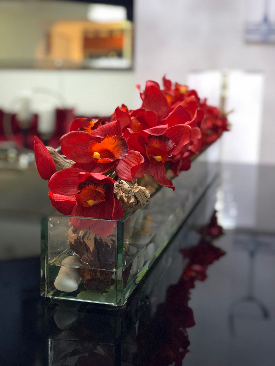 122 Cm Casa Moderna Pot Plateau en Verre avec Rouge Cymbidiums
