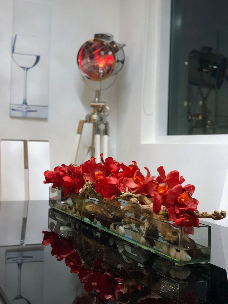 122 Cm Casa Moderna Pot Plateau en Verre avec Rouge Cymbidiums
