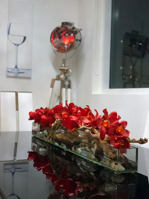 122 Cm Casa Moderna Pot Plateau en Verre avec Rouge Cymbidiums