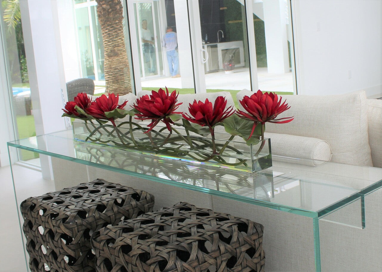 122 Cm Casa Moderna Pot Plateau en Verre avec Rouge Water Lilies