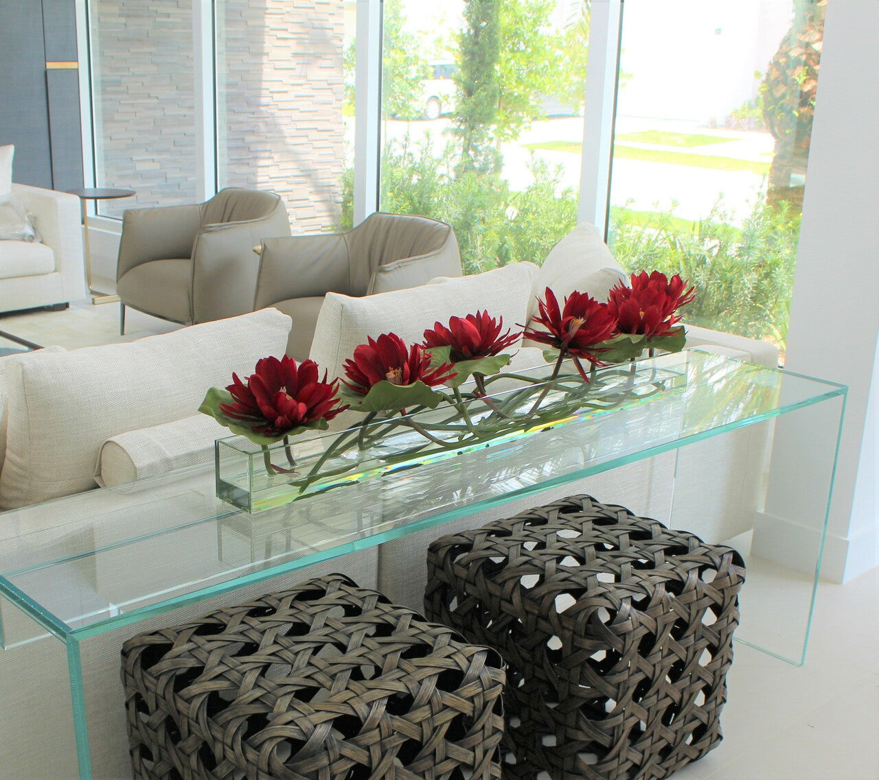 122 Cm Casa Moderna Pot Plateau en Verre avec Rouge Water Lilies