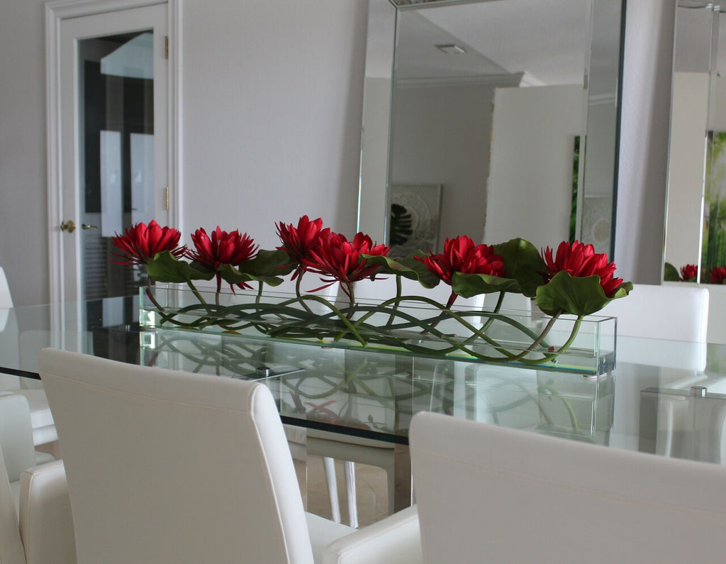 122 Cm Casa Moderna Pot Plateau en Verre avec Rouge Water Lilies