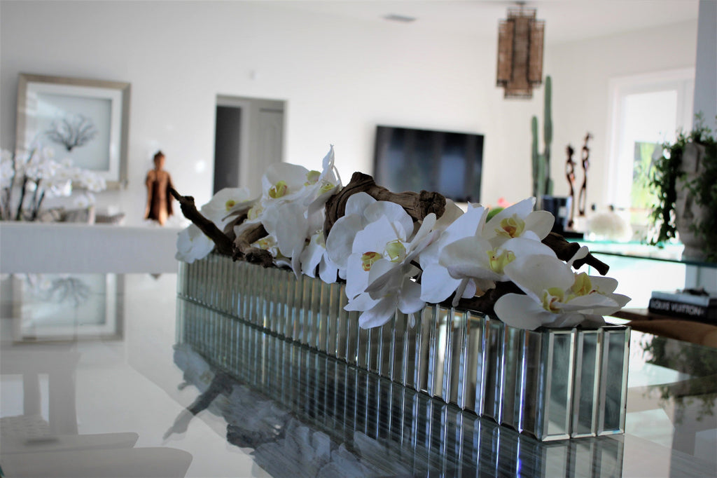 122 Cm Dazzle Mirrored Pot avec Blanc Orchidées