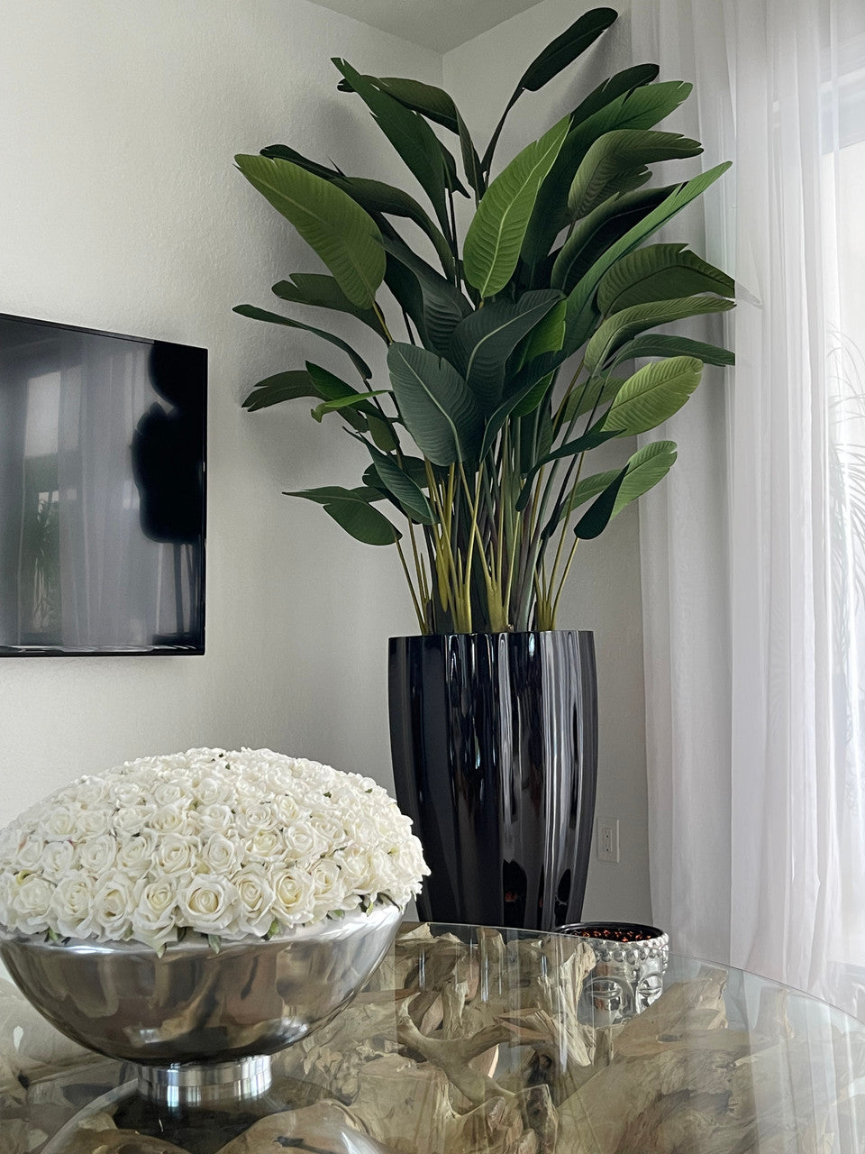 San Jose Fluted Pot en Noir Brillant avec Birds de Paradise