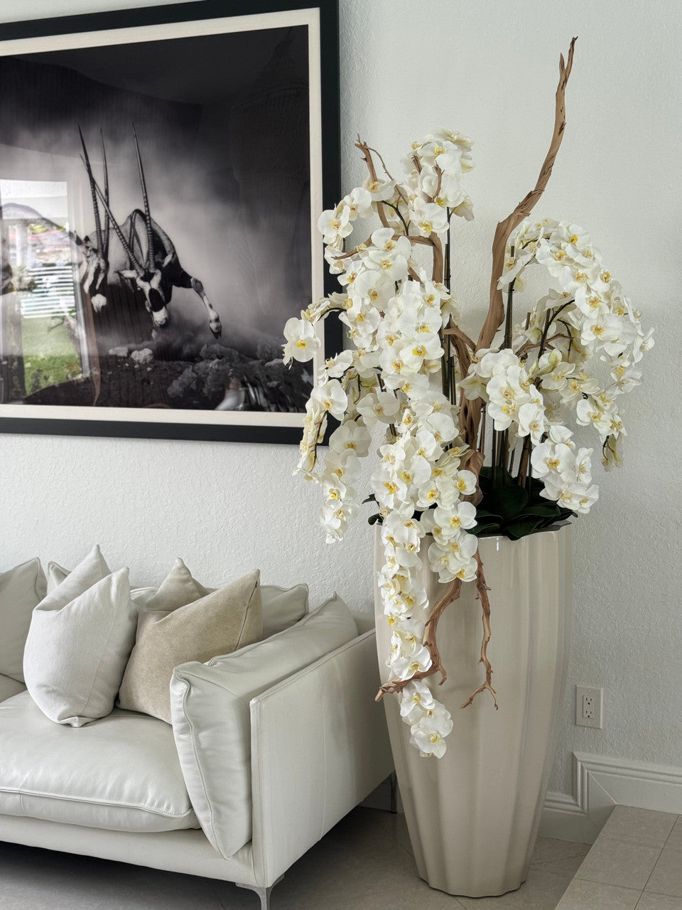 San Jose Pot en Sand Beige avec Cascading Blanc Orchidées